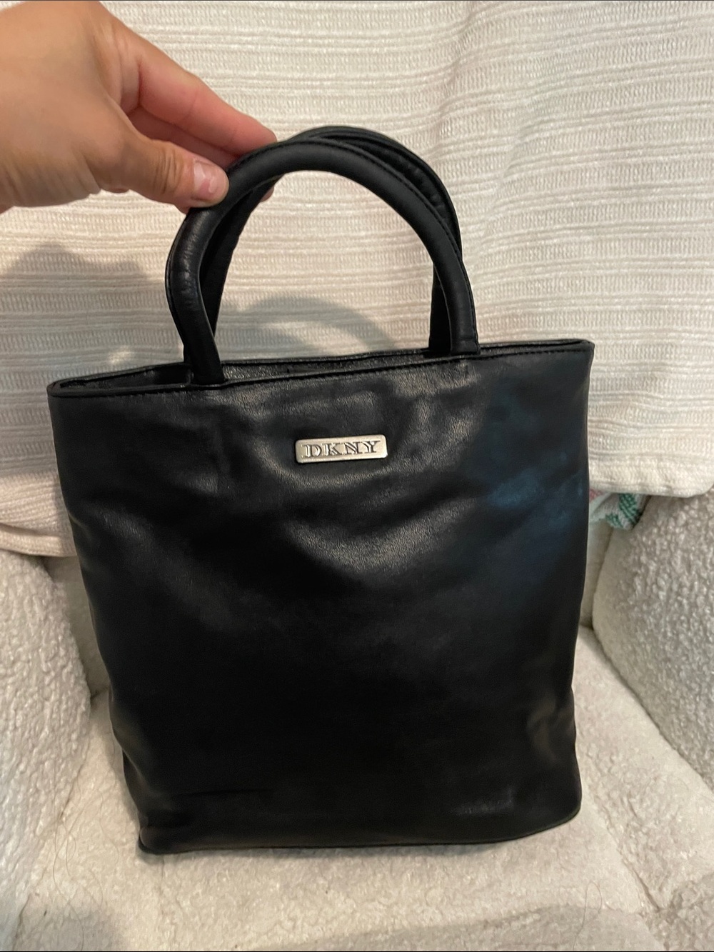 Vintage Y2K DKNY Black Leather Handheld Tote with Logo Plaque